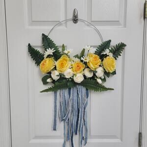 Galvanized Hoop Wreath with Yellow Roses, Daisies, Ferns & Denim Streamers